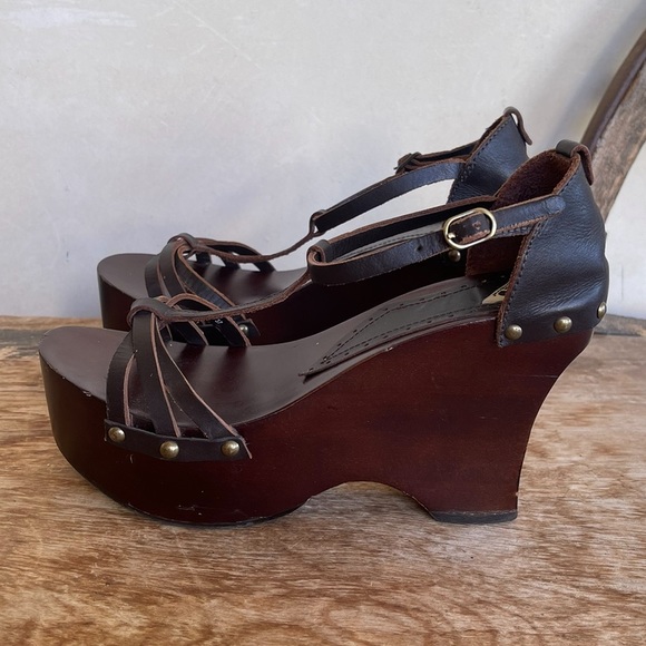 LTD FORNONNO Rare Vtg Brown Wood & Leather T-Strap Platform Sandals 37 Italy - Picture 2 of 13